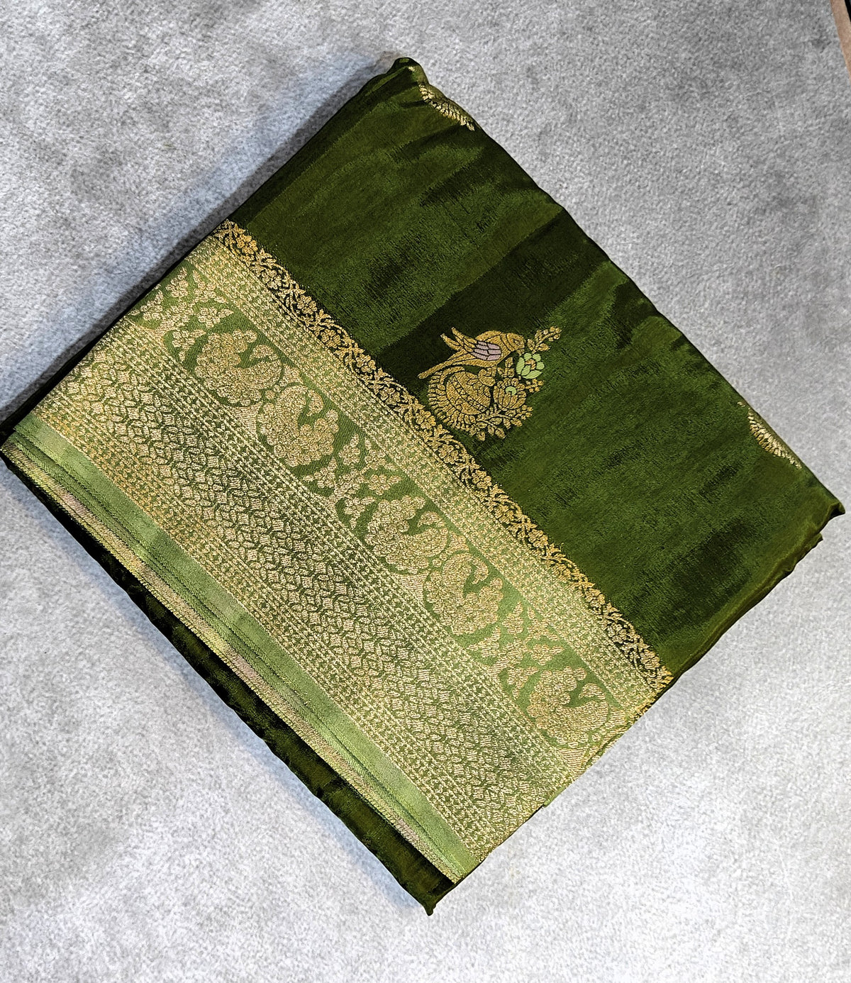 Banarasi Silk Saree-Mehndi Green with Pista Green Border