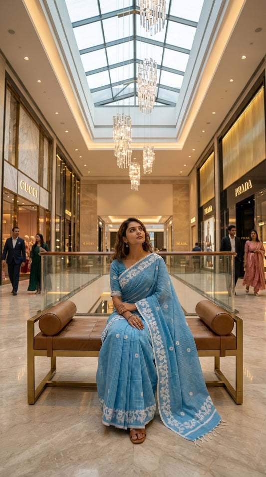 Blue Cotton Saree with Applique Border