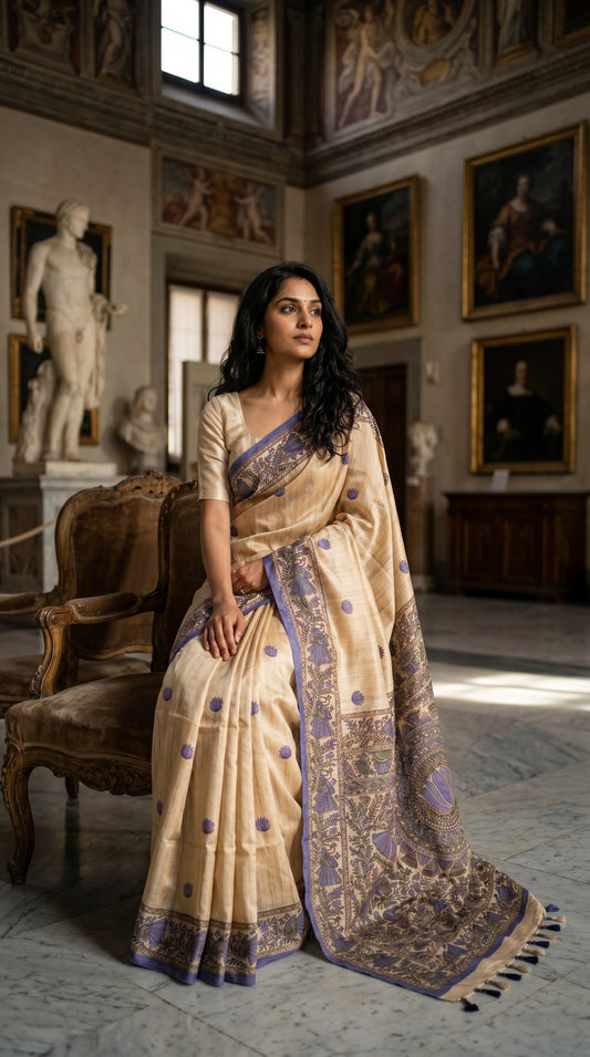 Model sitting on a classic wooden chair inside an art gallery, displaying the elegant pleats and purple lotus prints of a blended Tussar silk saree