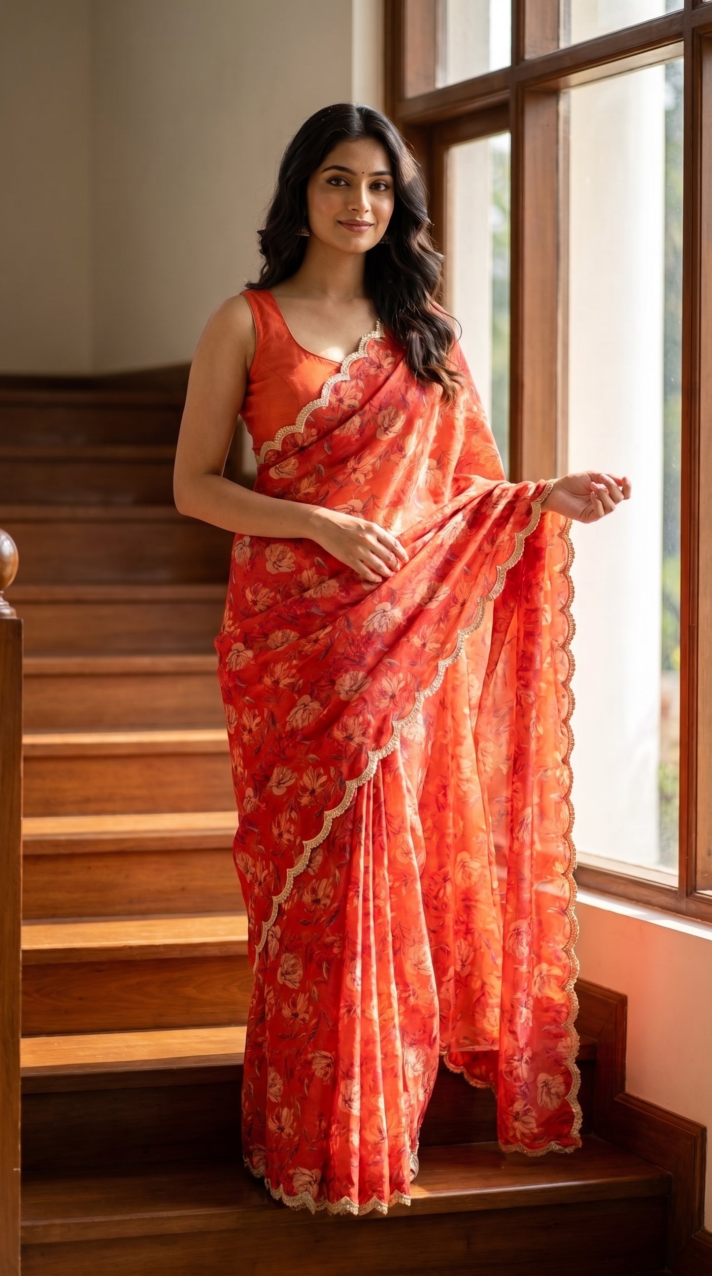 A full-length front portrait of a woman posing on an elegant indoor wooden staircase, showcasing the modern styling, soft watercolor floral print, and shimmering gold scalloped border of her burnt orange silk chiffon saree