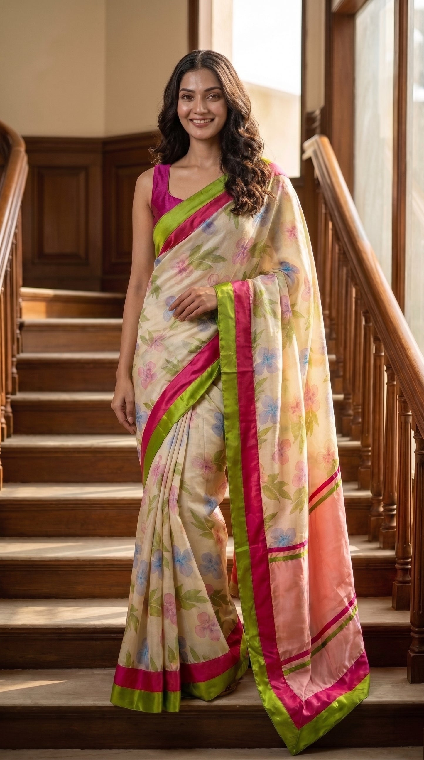 A full-length front portrait of a smiling woman posing on a wooden staircase, showcasing the flawless tailored silhouette and modern style of her cream silk saree with magenta and green borders