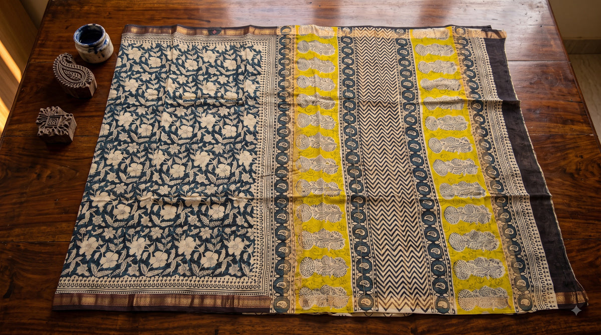 Maheshwari Silk Saree with Sanganery Print - Green