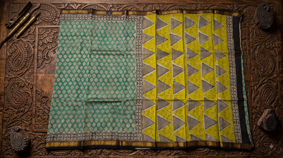 Maheshwari Silk Saree with Sanganery Handblock Print - Green