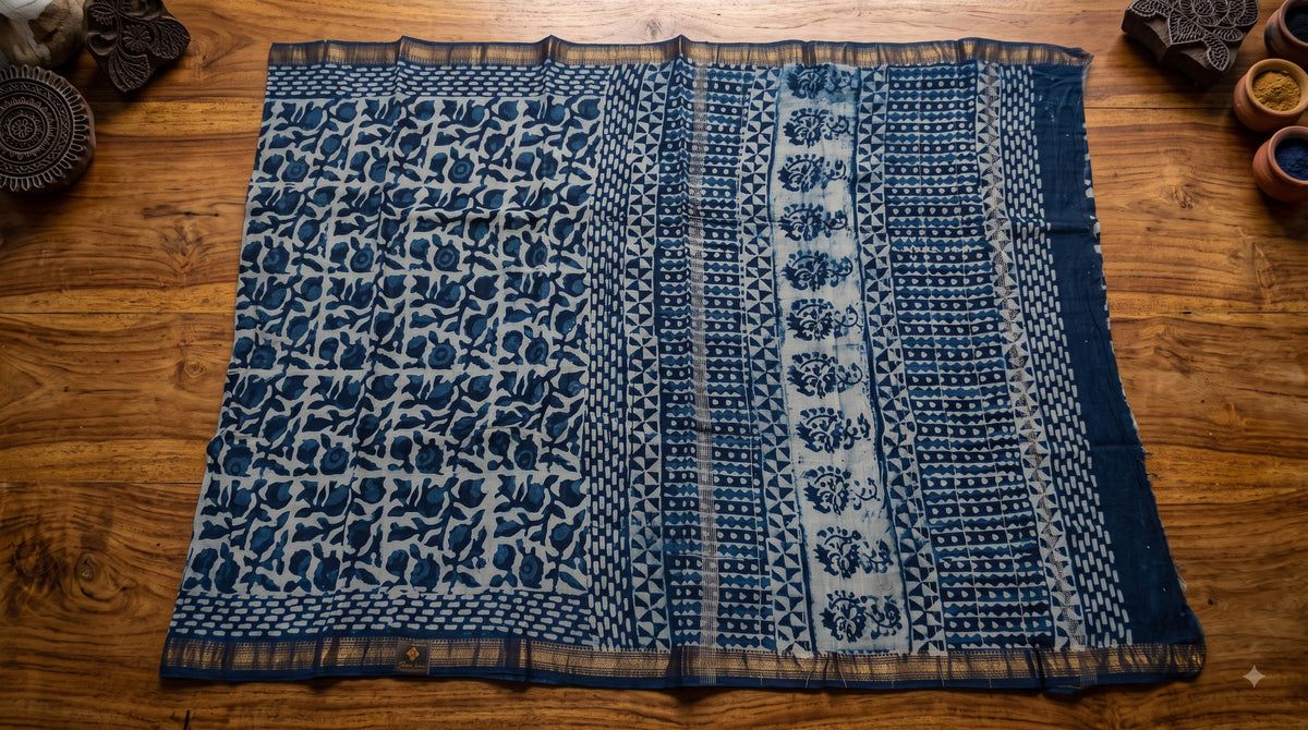 Maheshwari Silk Saree with Handblock Print - Indigo