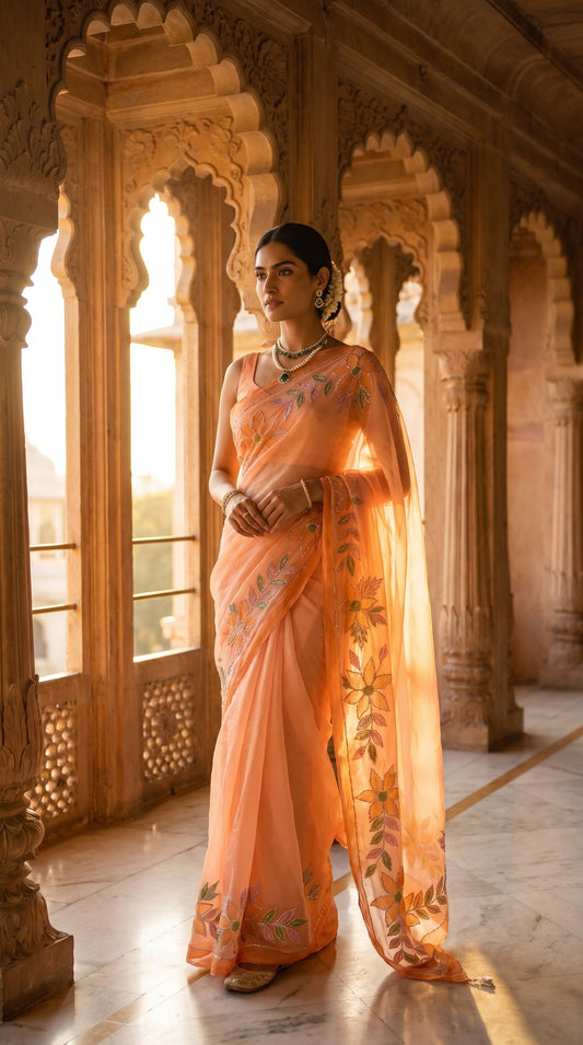 A portrait of a woman standing along a sunlit palace corridor with carved pillars, showcasing the translucent drape, delicate hand-painted borders, and Gota work of her peach pure chiffon saree