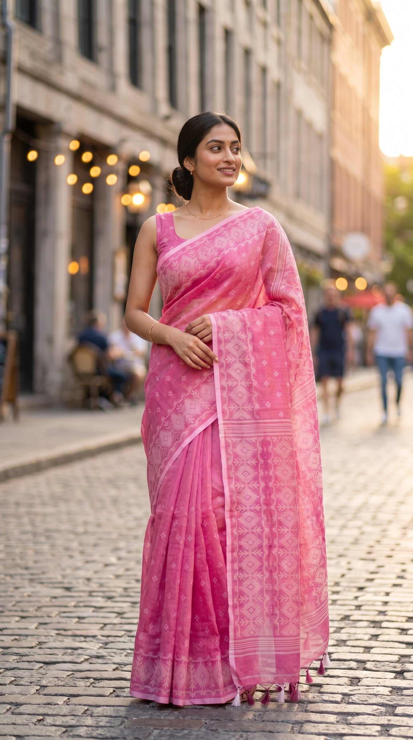 Full-length image of a woman walking down a European cobblestone street at sunset, beautifully displaying the translucent weave, clean pleats, and elegant pallu of a pink Jamdani saree