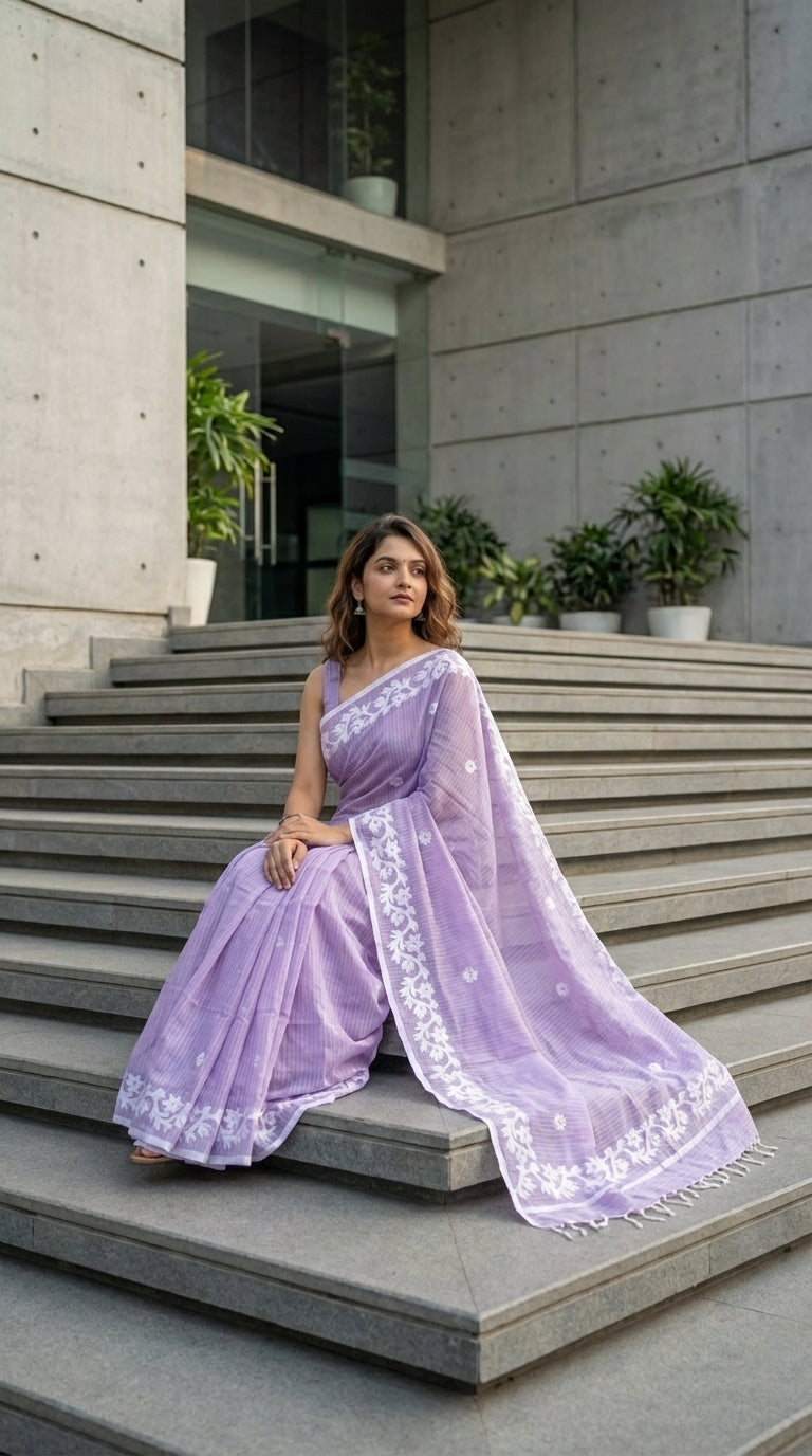 Light Purple Cotton Saree with Applique Border