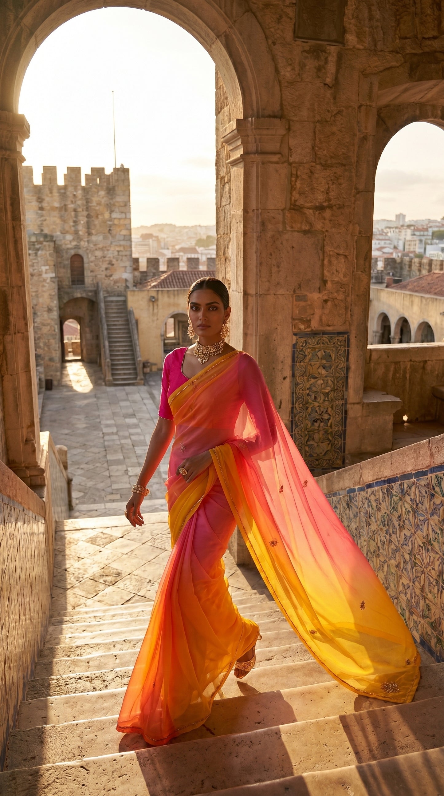 Full-length image of a blushing sunset multi-color chiffon saree walking through a historic stone corridor