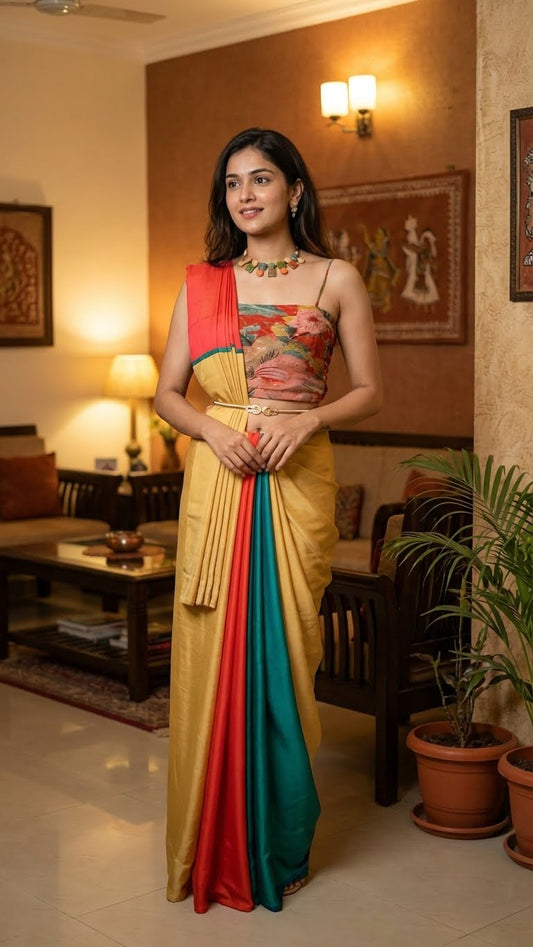 Woman in a designer strawberry silk saree – multicolor fusion with embroidered blouse standing in a living room.