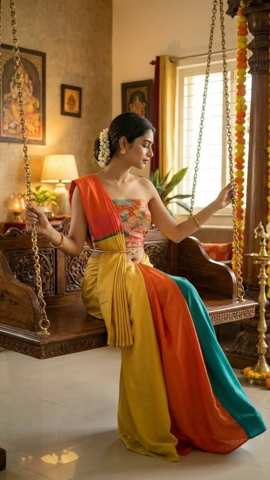 Woman in a designer strawberry silk saree – multicolor fusion with embroidered blouse sitting on a swing in a decorated room.