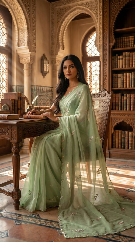 A woman sitting at a grand wooden library desk showcasing the airy, translucent drape of a sage green chiffon saree with gold leaf details