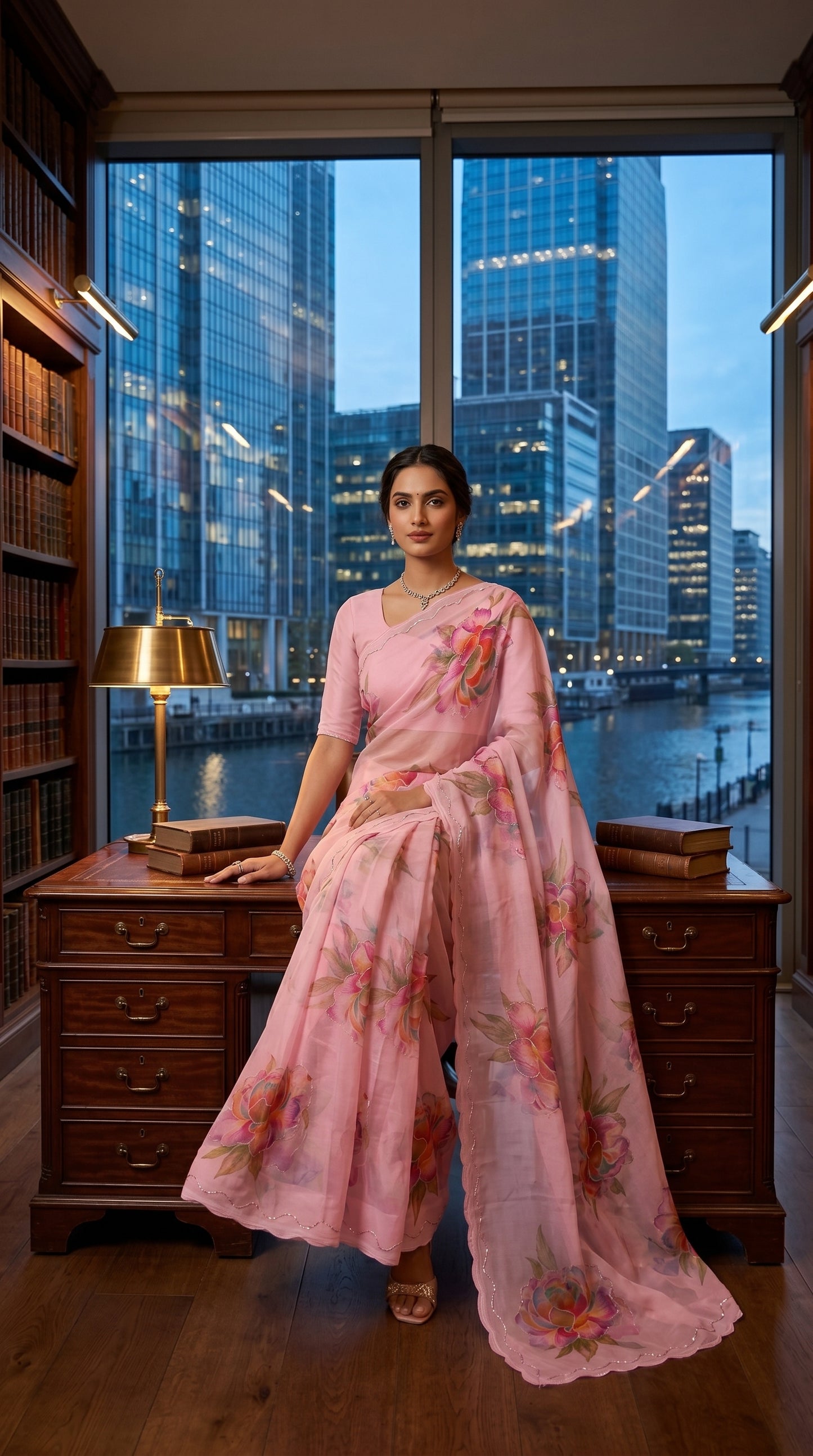A woman sitting on the edge of a mahogany office desk, showing the fluid pink-to-amber floral folds and delicate scalloped embroidery of a premium chiffon saree