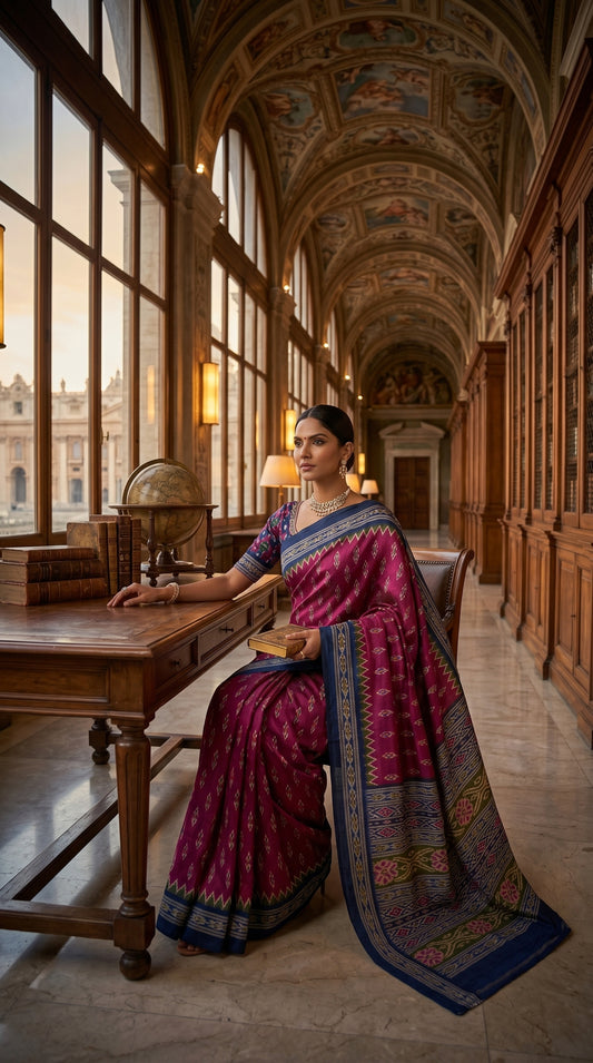 A woman draped in a magenta Ikat-inspired blended silk saree sitting at a long wooden desk inside a grand heritage library gallery