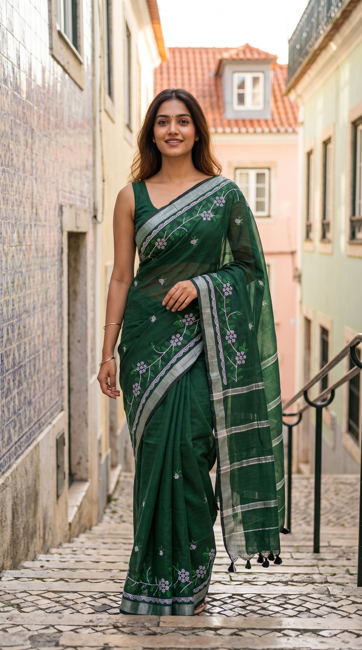Full-length image of a smiling woman walking down a historic tiled Lisbon street stairway, beautifully displaying the straight silhouette and intricate white borders of her forest green cotton linen saree