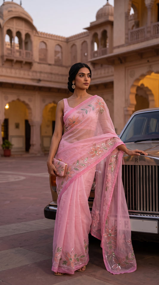Full-length image of a woman holding a matching pink clutch while resting one hand on a vintage Rolls-Royce car, displaying the fluid silhouette and premium finish of her pure chiffon saree
