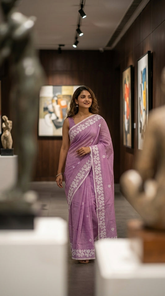 Lilac Cotton Saree with Applique Border
