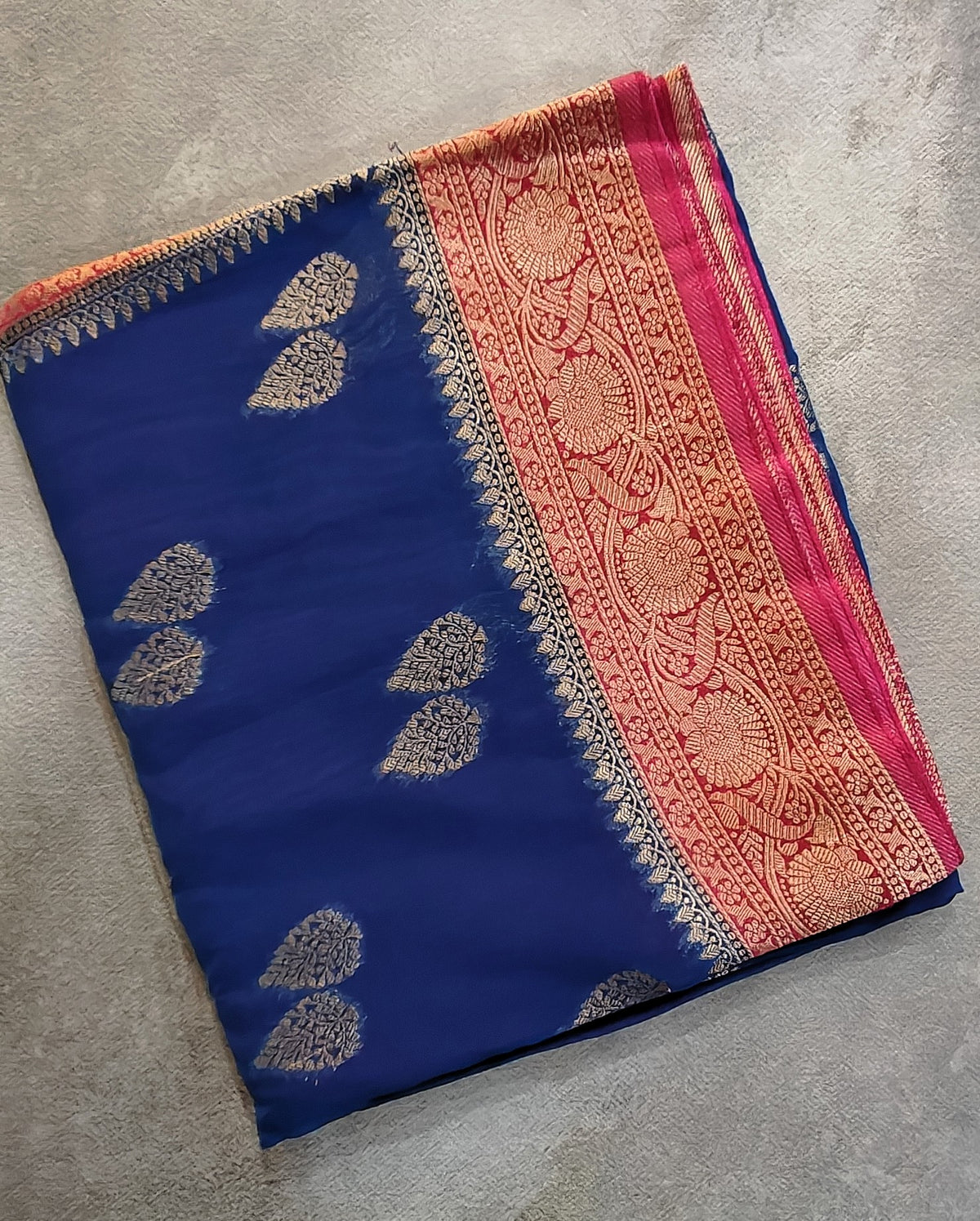 Georgette Banarasi with Contrast Border-Blue
