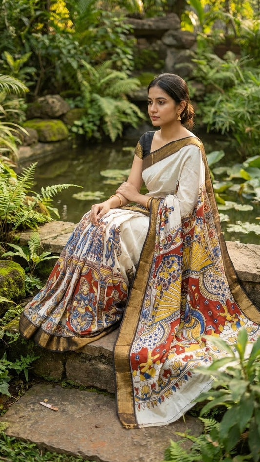 Woman in a Handcrafted Mangalgiri Border Silk Saree with Temple Art Motifs-Cream color saree with intricate patterns sitting on a stone path surrounded by greenery.