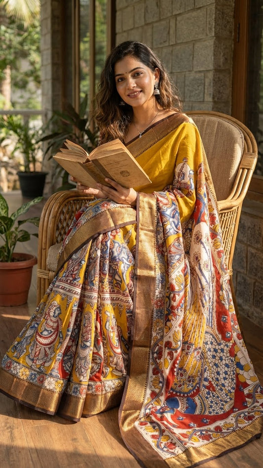 Woman in a handcrafted Mangalgiri border silk saree with temple art motifs holding a book, sitting on a chair indoors.