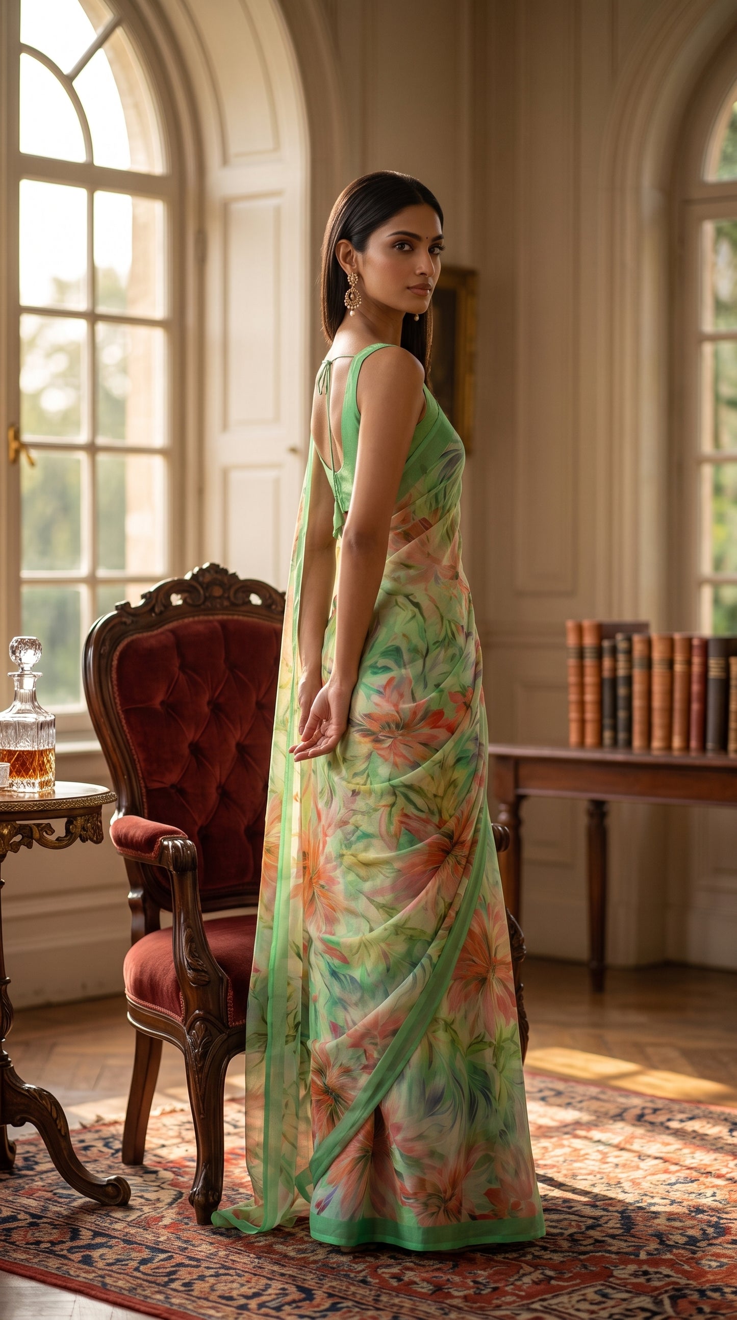 A model looking back over her shoulder next to a tufted red velvet armchair and book rows, highlighting the clean sleeveless blouse and graceful fall of the green chiffon saree