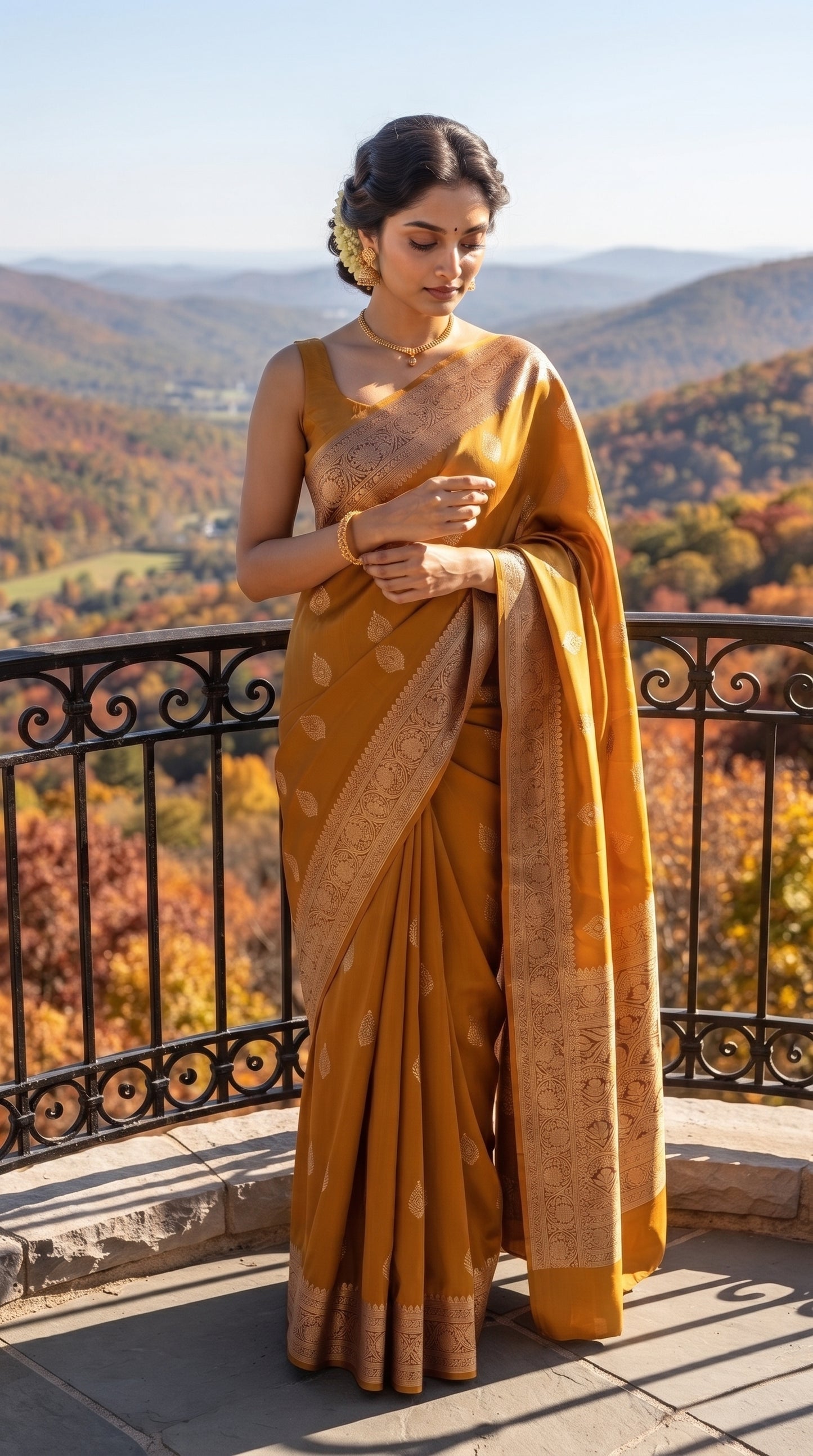 A full-length portrait of a woman leaning against a decorative black balcony railing at a hill viewpoint, showcasing the structured royal drape and detailed gold borders of her mustard gold Mashru silk saree