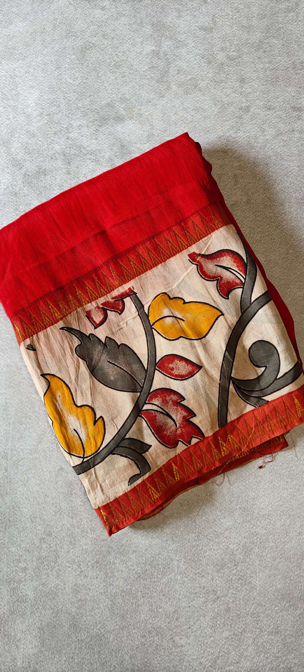 Plain Silk Saree with Kalamkari Gap Border - Red