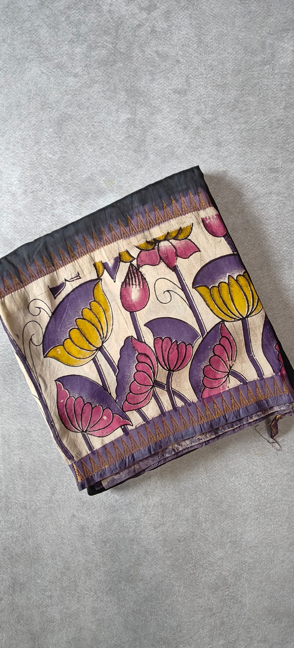 Plain Silk Saree with Kalamkari Gap Border - Black with Purple