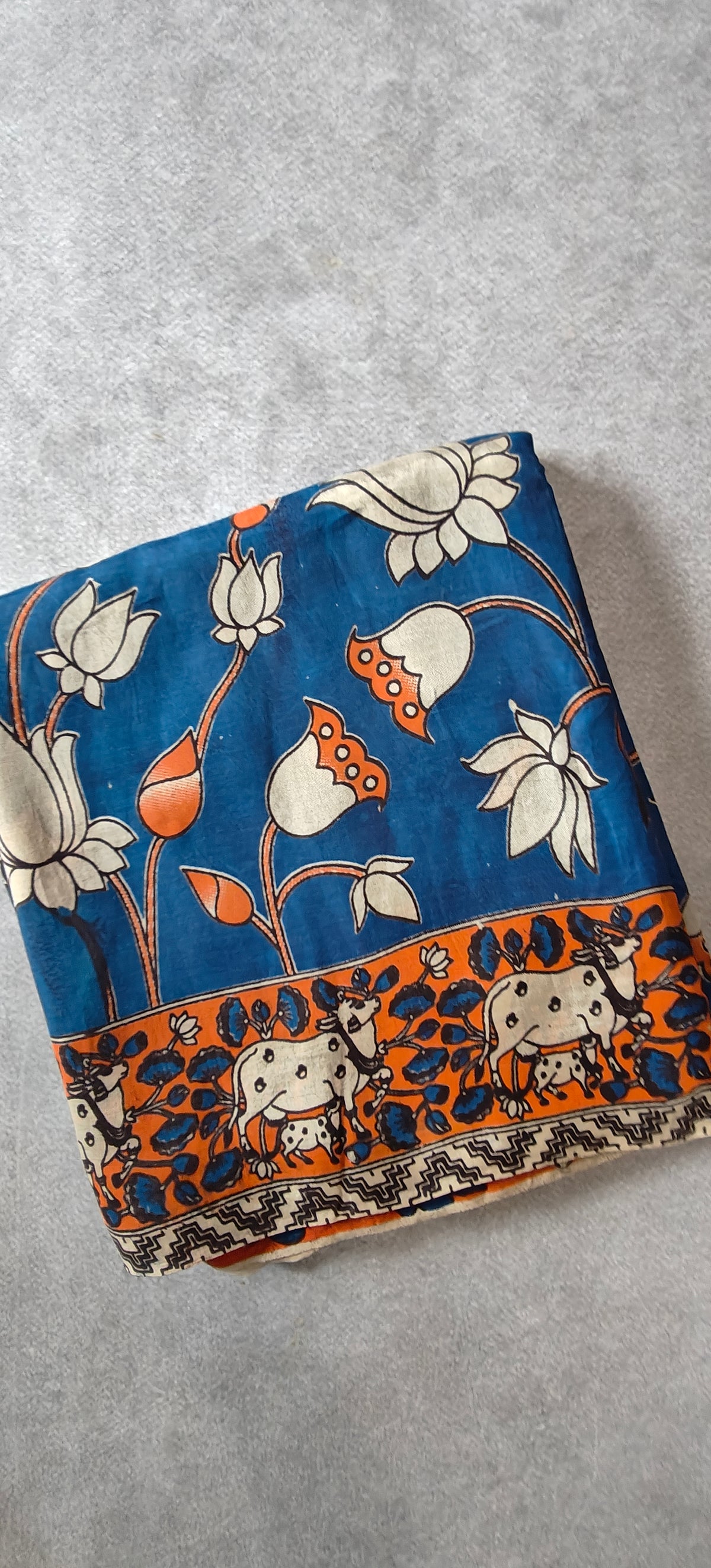 Kalamkari Printed Silk Saree - Blue with Orange