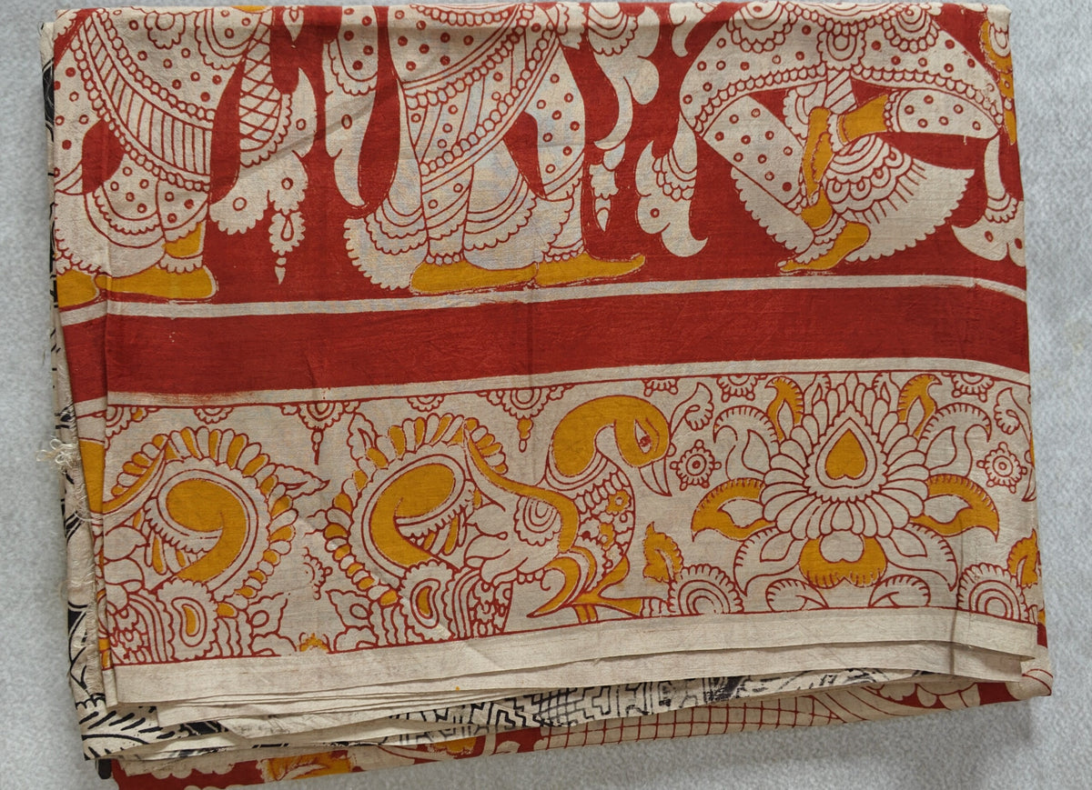 Printed Kalamkari Silk Saree - Red & Yellow