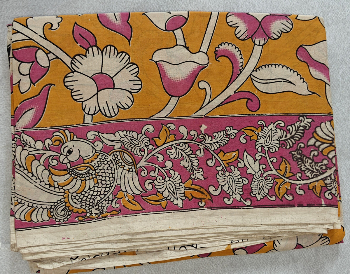 Printed Kalamkari Silk Saree - Orange & Pink