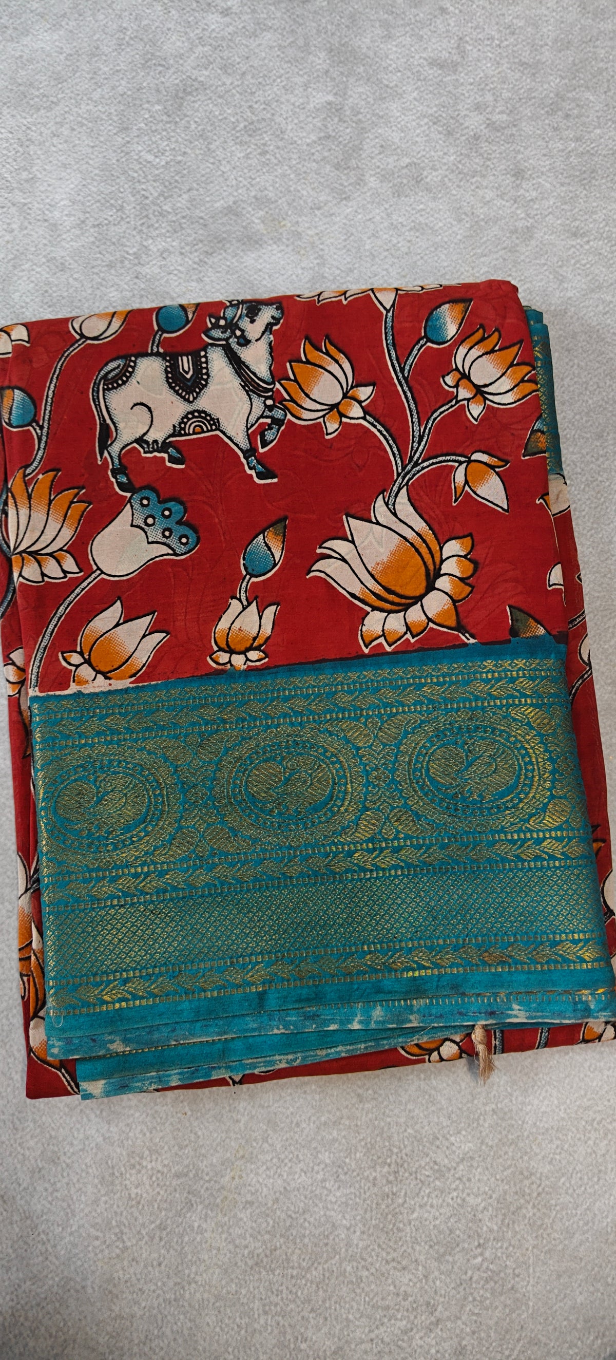 Kanchi Border Kalamkari Silk Saree - Red with Teal