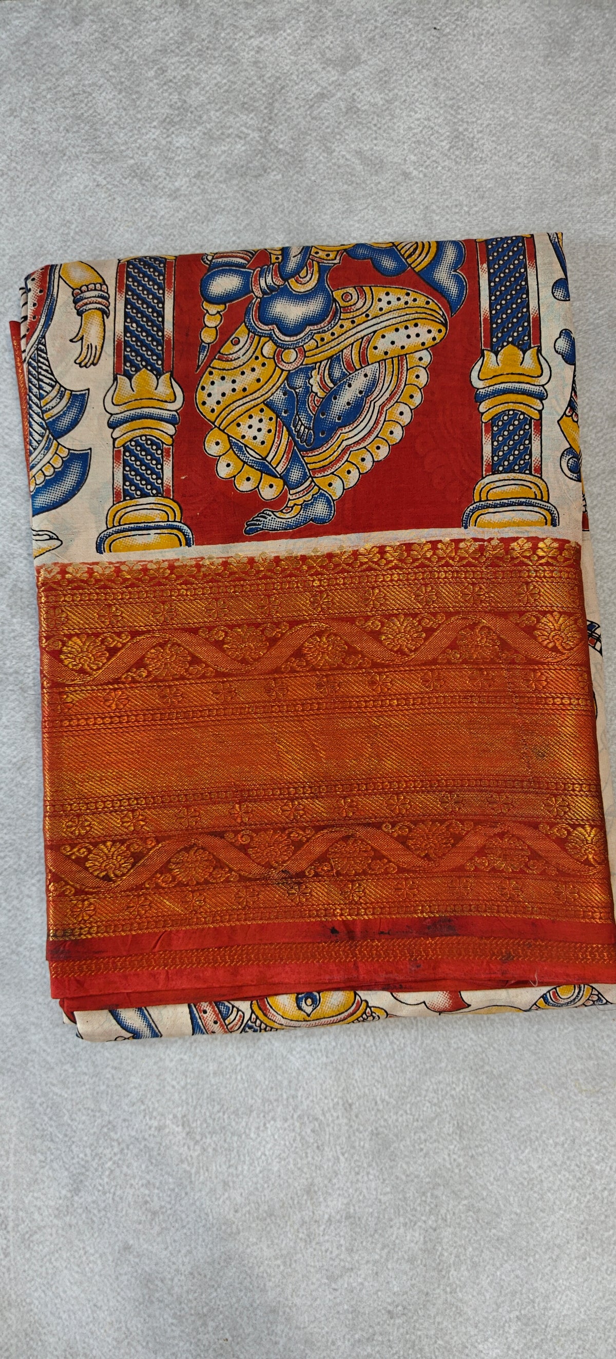 Kanchi Border Kalamkari Silk Saree - Beige with Red