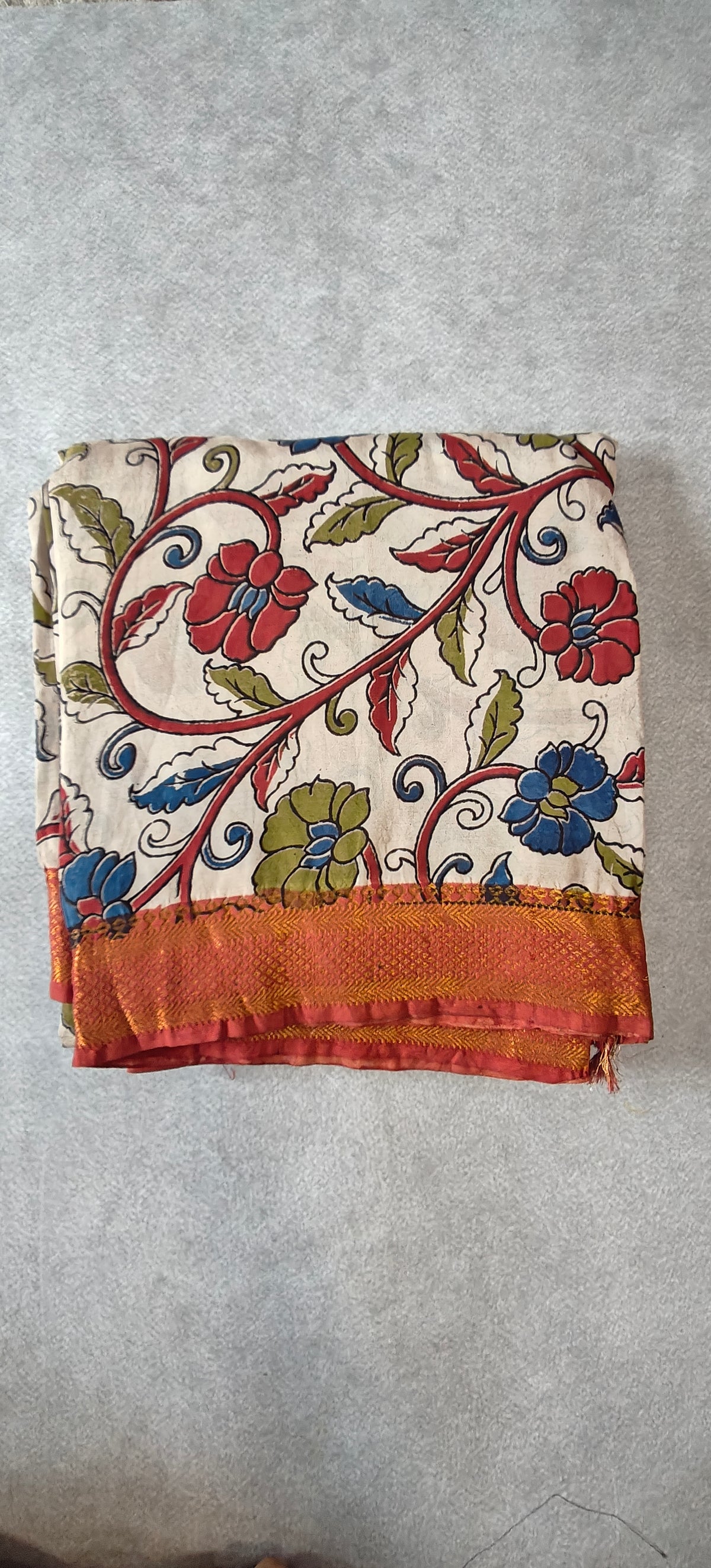 Kalamkari Printed Silk Saree with Border - Beige with Red