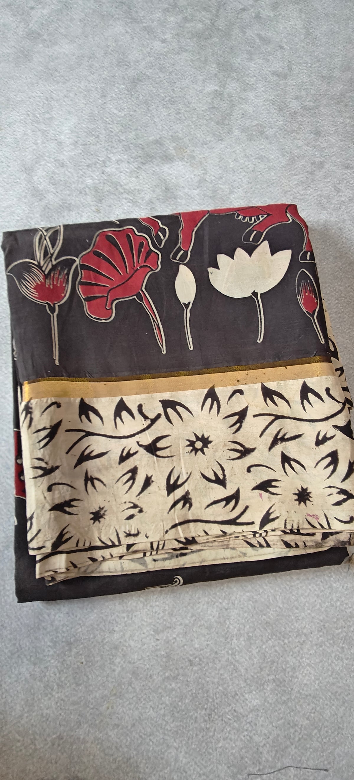 Kalamakari Silk Saree with Kaddi Border - Black with Beige
