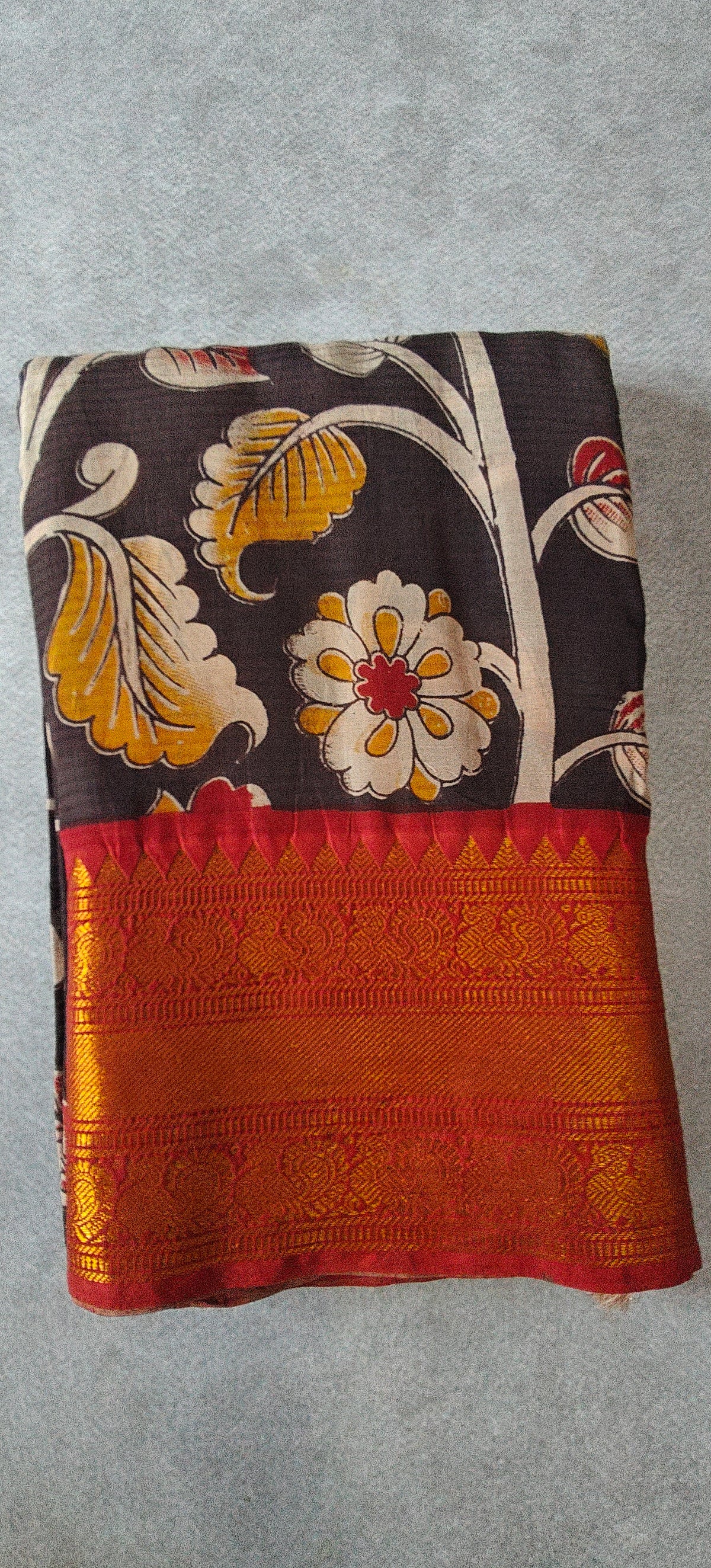 Kanchi Border Kalamkari Silk Saree - Black with Red