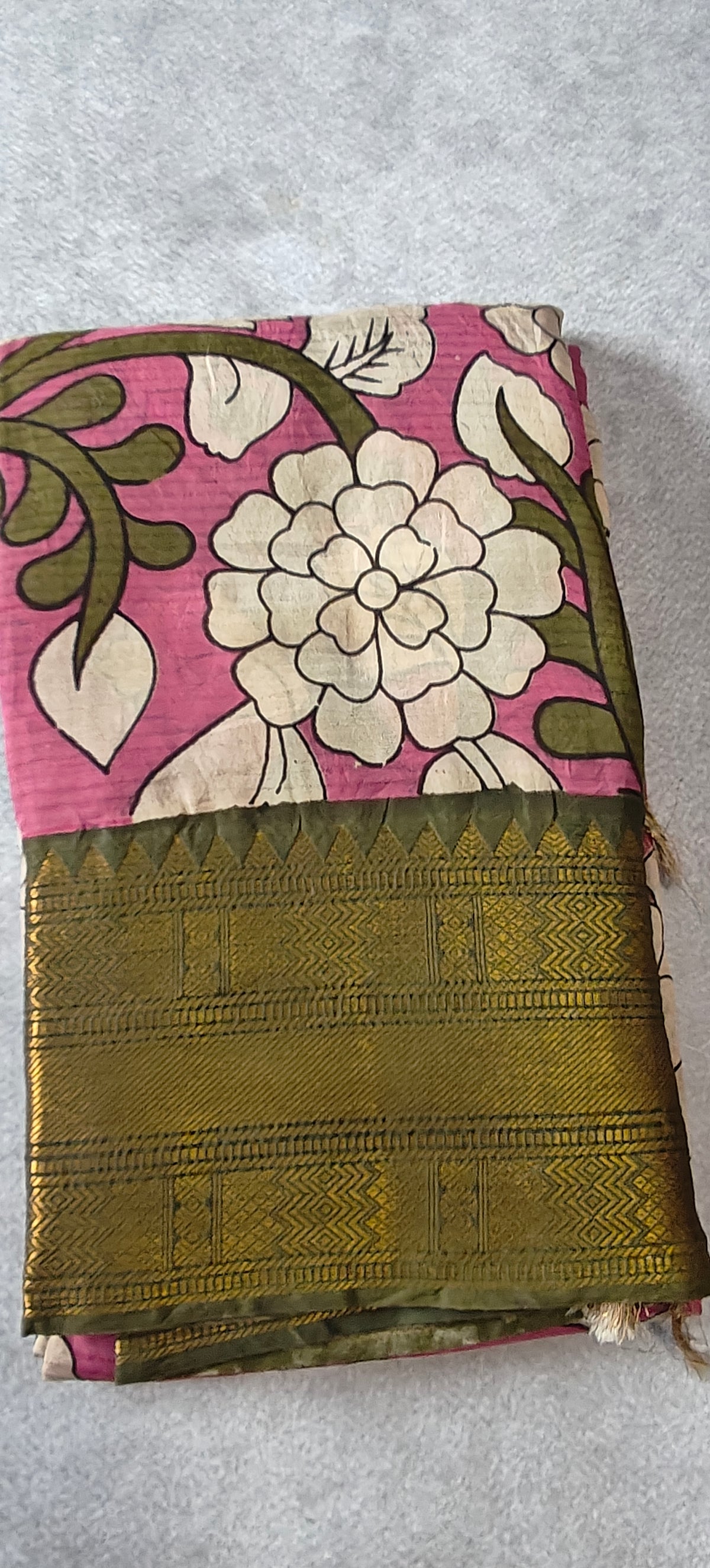 Kanchi Border Kalamkari Silk Saree - Pink with Green