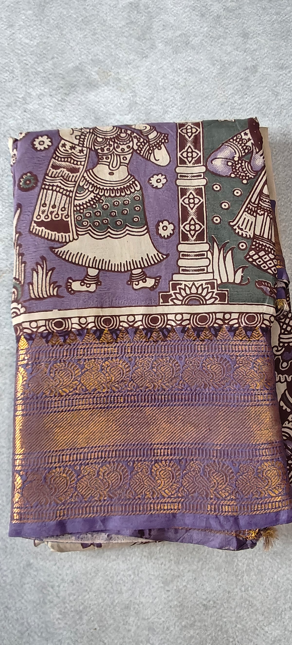 Kanchi Border Kalamkari Silk Saree with Figure Motifs - Beige with Purple