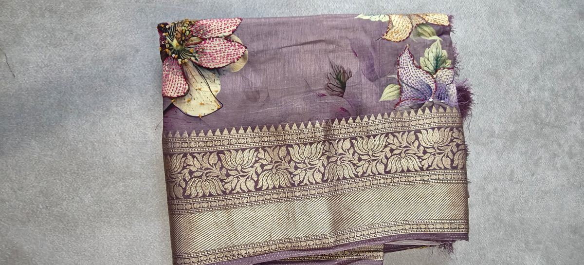 Pure Silk Saree with Digital Print & French Knot Kantha-Stitched - Purple