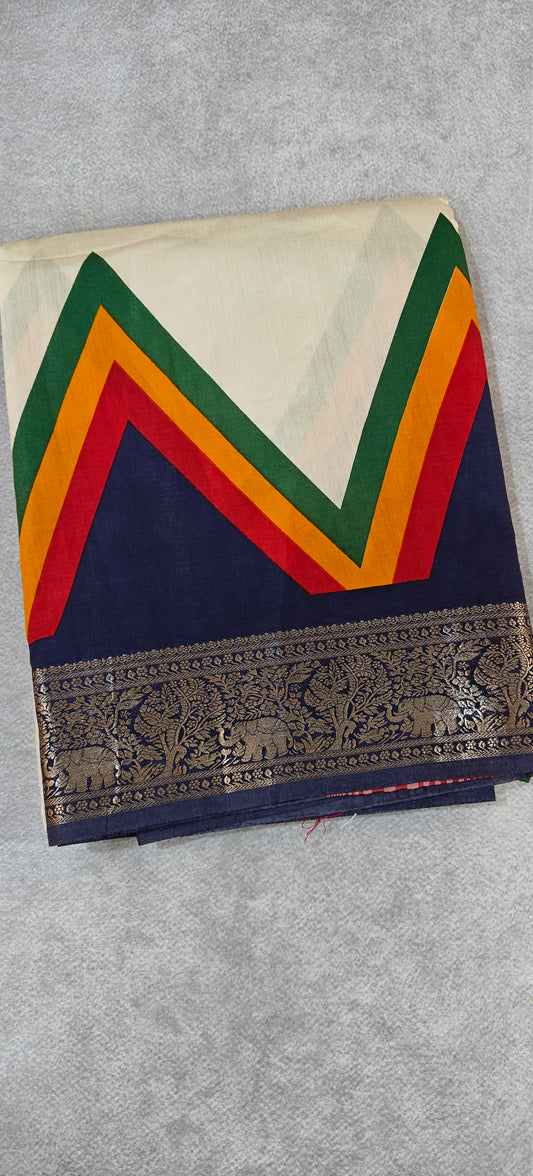 Maheshwari Silk Saree with Ganga Jamuna Border - Beige with Blue