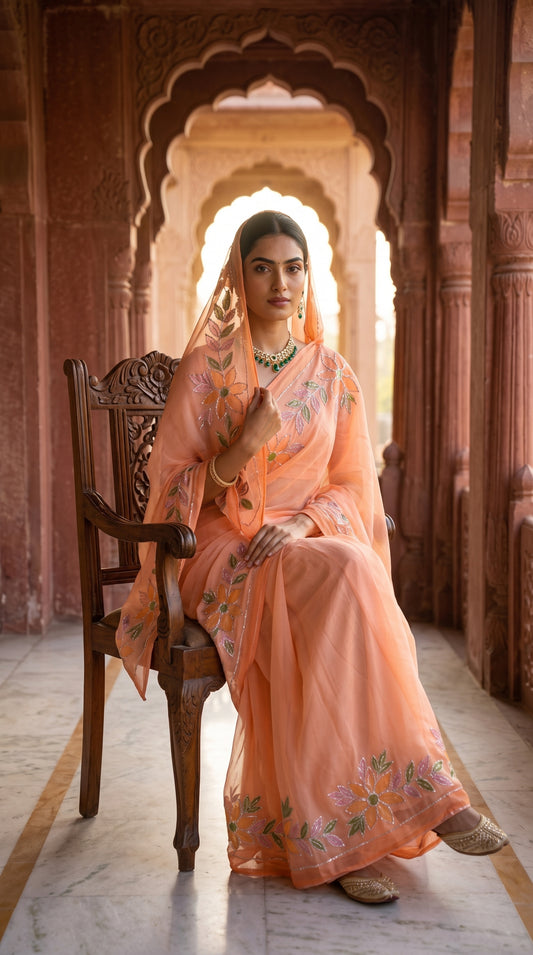 Model seated gracefully on an ornate wooden chair under sandstone palace arches, with a sheer veil draped over her head displaying the intricate Gota Patti floral motifs of her peach saree