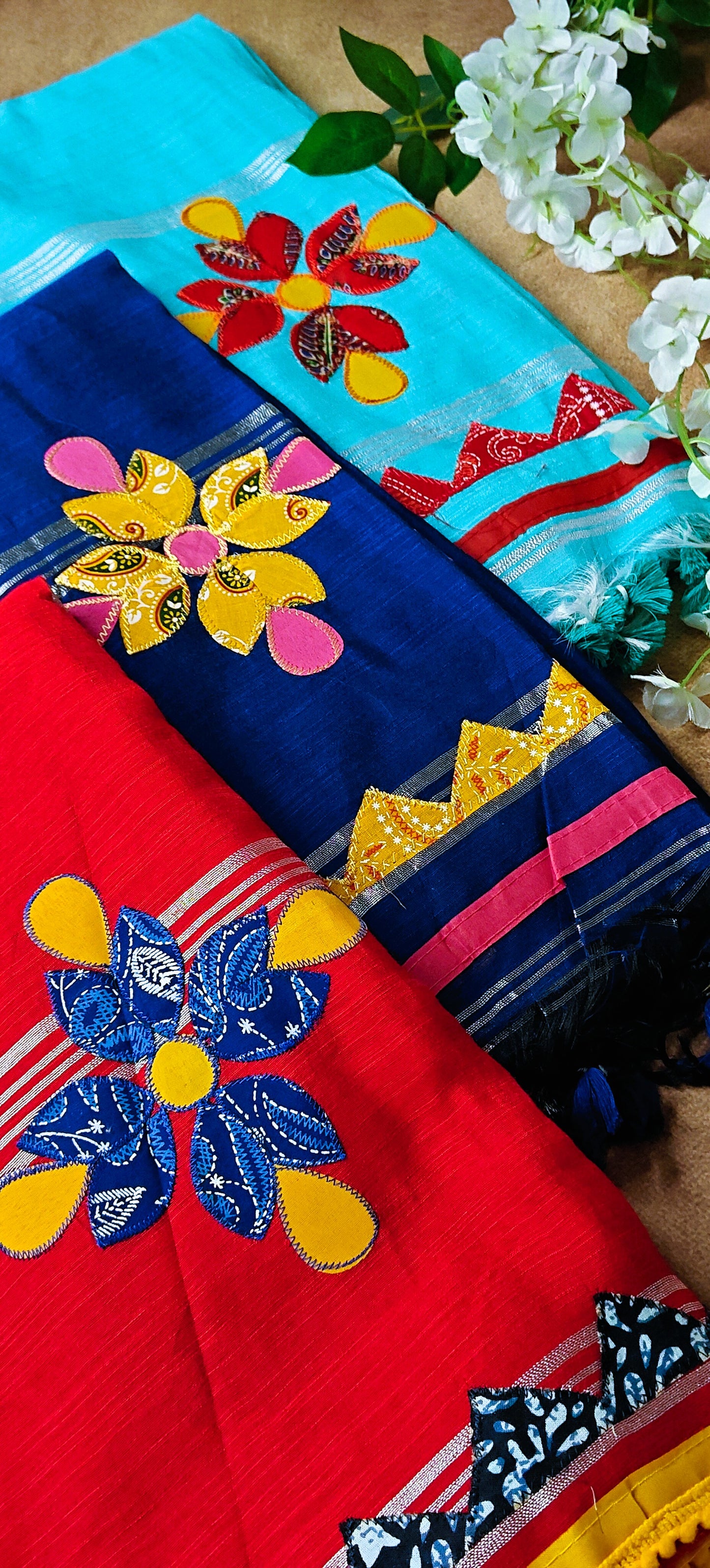 Linen Cotton Saree with Hand Embroidery & Appliqué Work - Available in 3 Colors.