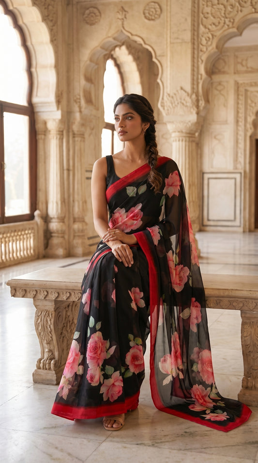 Crimson Noir – Pure Chiffon Floral Saree in Black