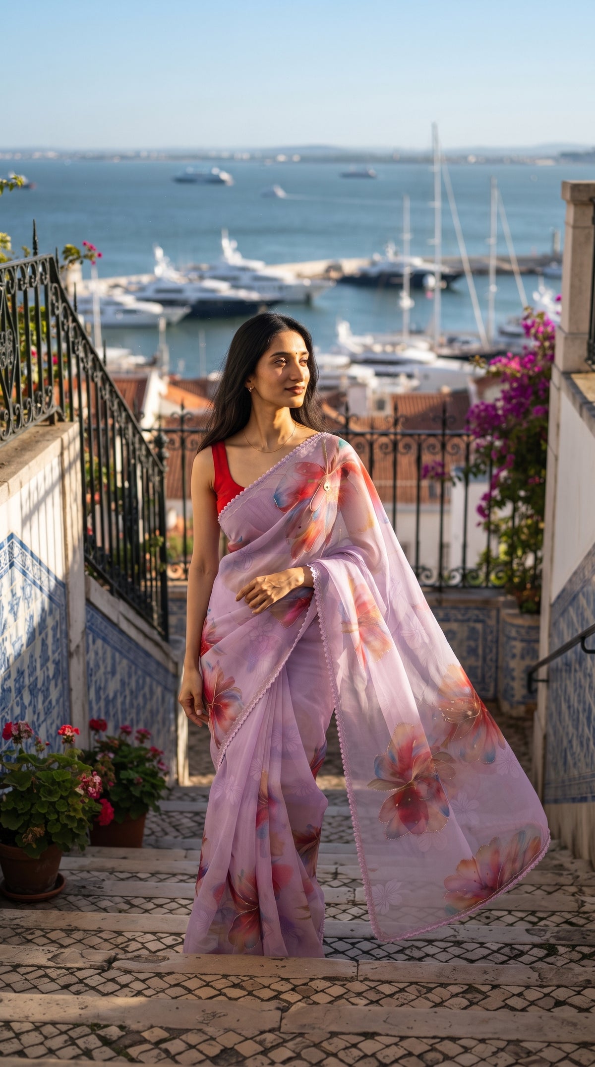 Purple Chiffon Saree with Delicate Lace Border