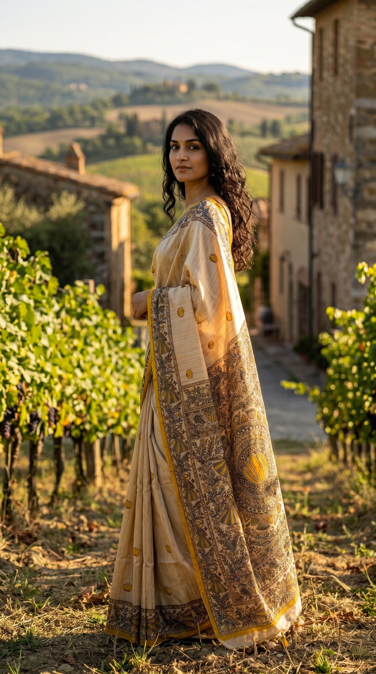 A model posing outdoors next to a lush vineyard road, displaying the intricate linework and heavy yellow pallu arrangement of her Madhubani silk saree