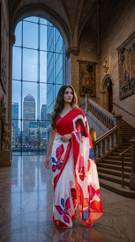 A woman holding an open book while standing by a tall window overlooking Parisian rooftops, showcasing the heavy fluid drape and colorful botanical prints of her white chinon saree