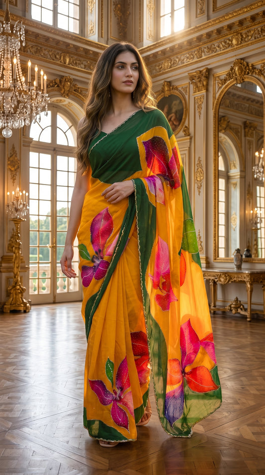 Full-length editorial portrait of a woman standing in a grand European palace salon under a crystal chandelier, showcasing the straight silhouette, rich yellow hue, and bold pink floral patterns of her chinon saree