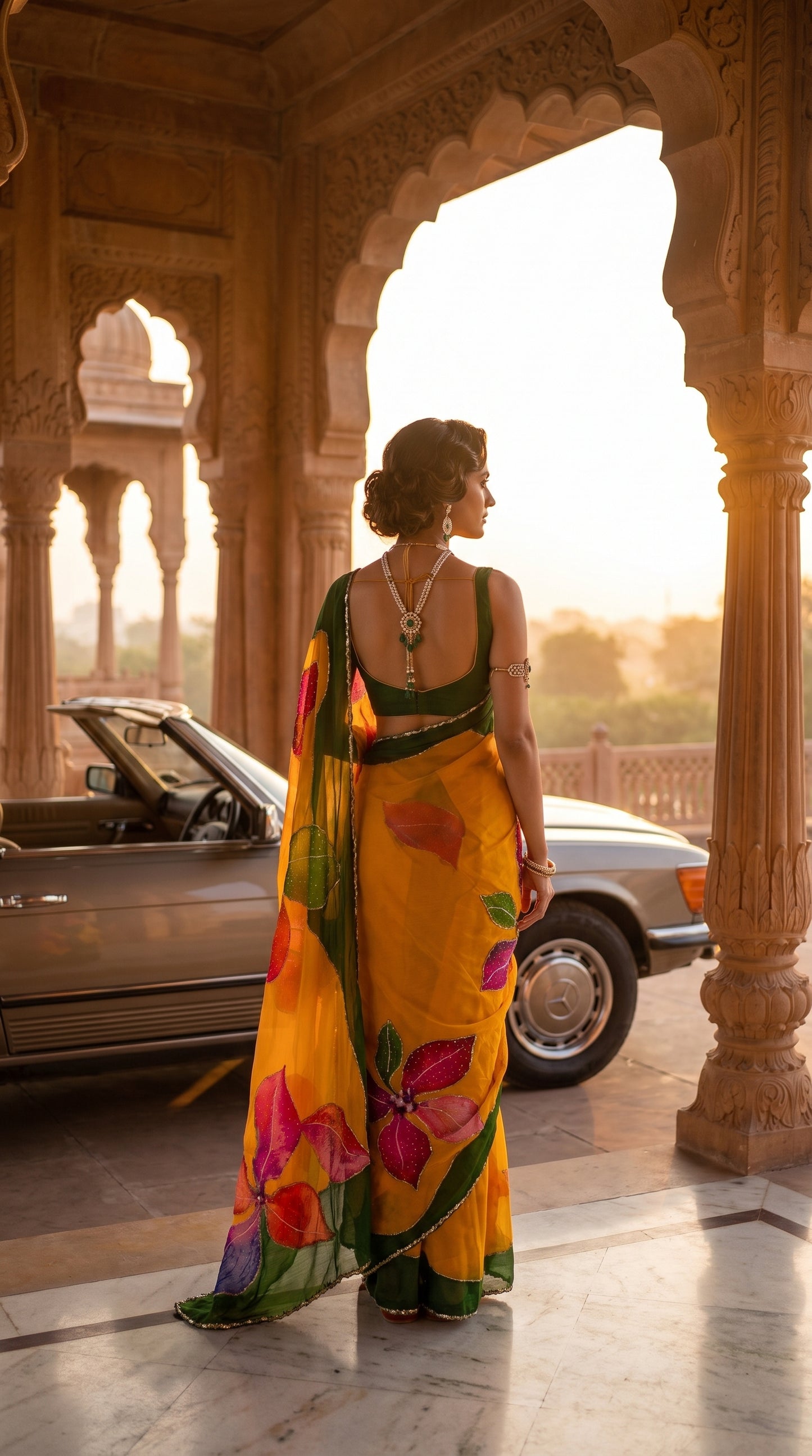 Back view of a woman adorned in an intricate backless blouse design and statement necklace, standing next to a vintage convertible car under a palace pavilion at sunrise, highlighting the bold floral pallu of her yellow chinon saree