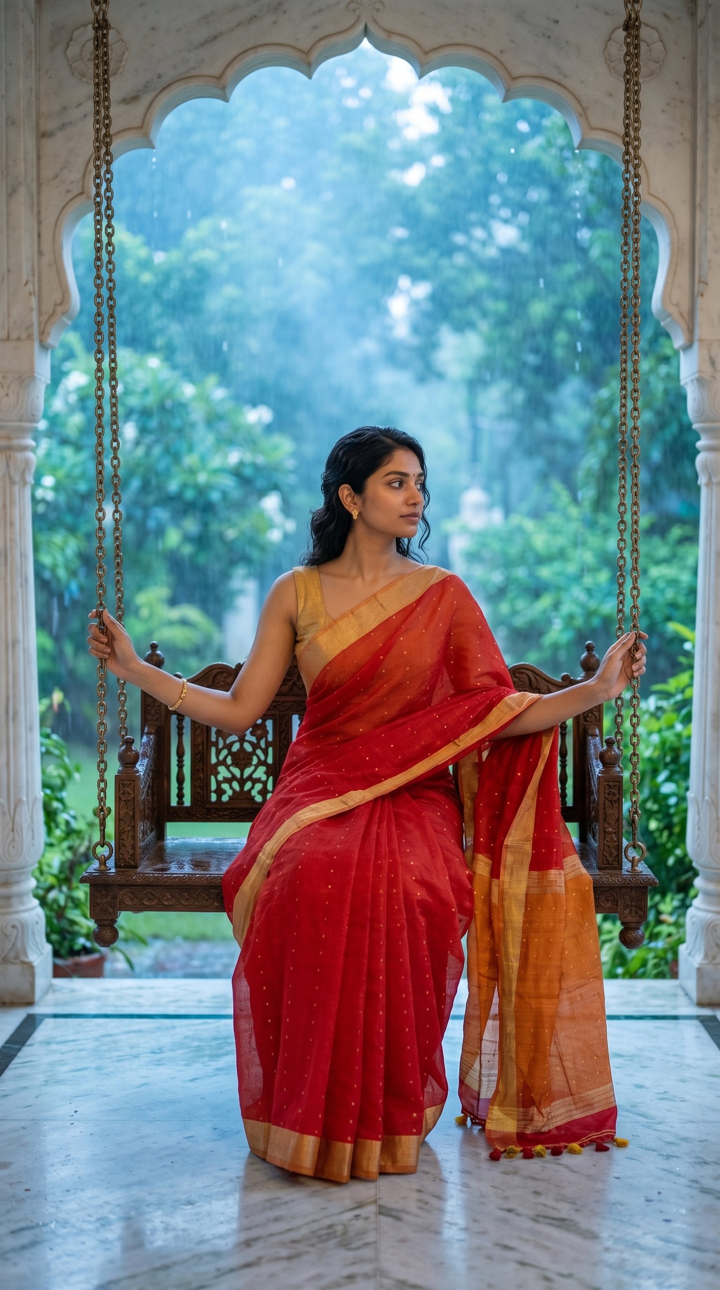 Model sitting on a dark wooden swing inside a white marble pavilion in the rain, highlighting the sheer texture of her contrast orange organza pallu