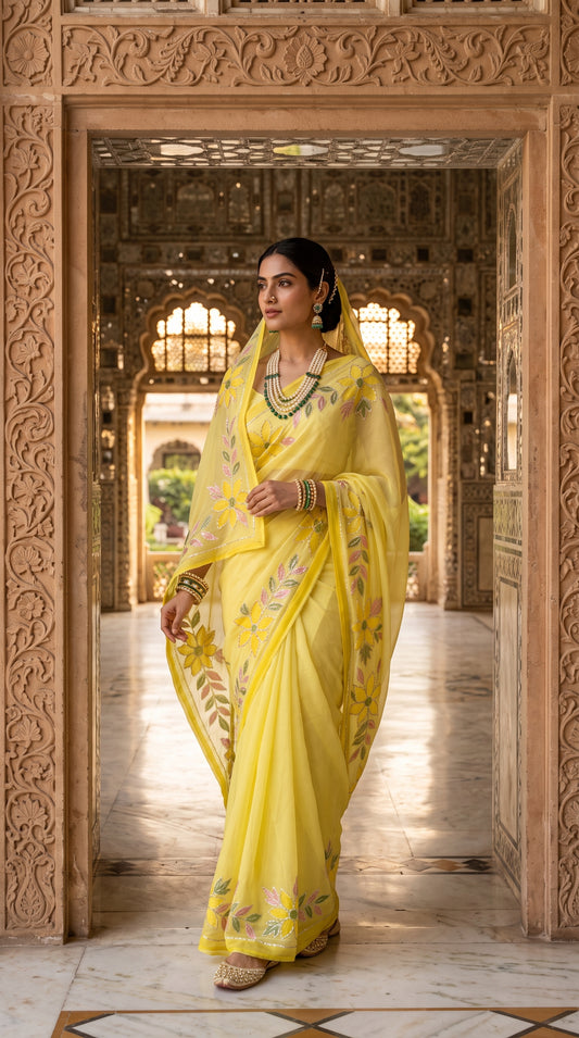 A portrait of a woman standing beneath a carved palace gateway with a sheer yellow veil over her head, showcasing the vibrant hand-painted floral borders and Gota work of her yellow pure chiffon saree