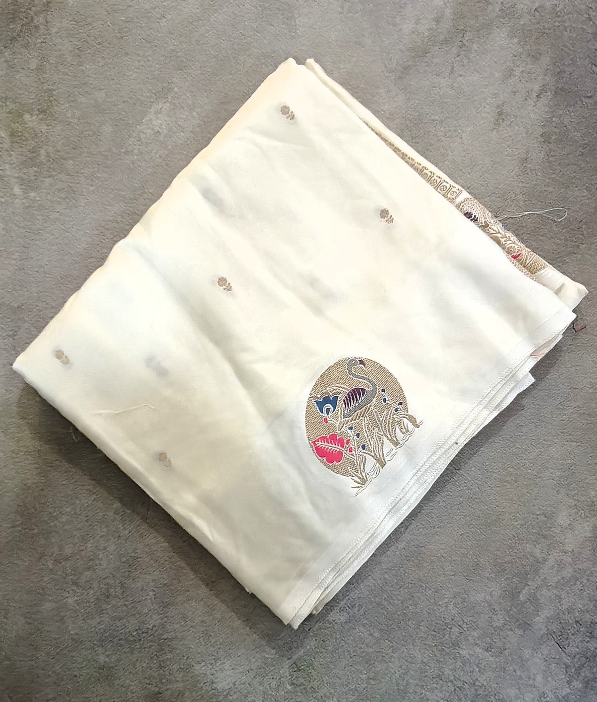 Mashru Silk with Flamingo Motif-Cream